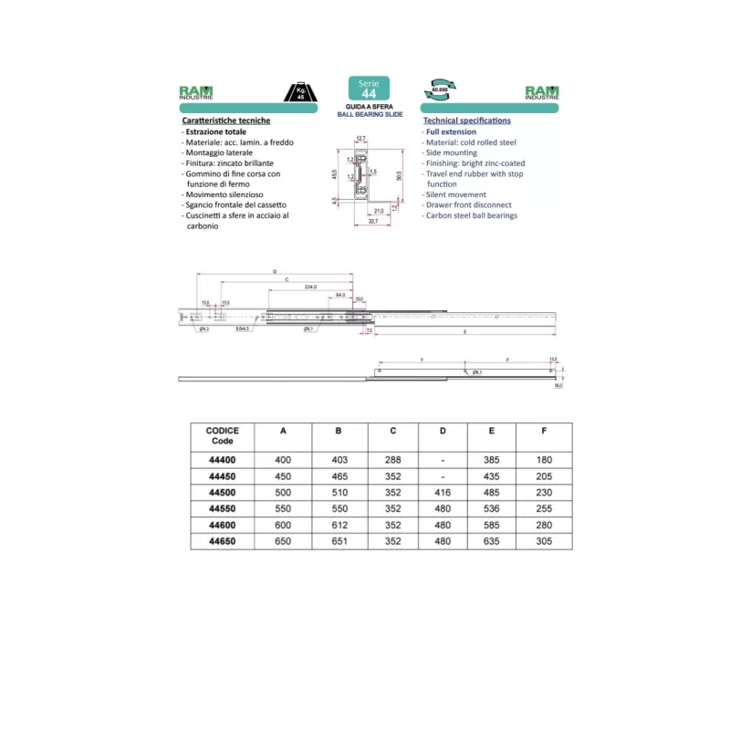 Ram Industrie GUIDE PER CASSETTI A SFERA ESTRAZIONE TOTALE STANDARD 650 MM SERIE 44 - KG 45 - Art. 44650