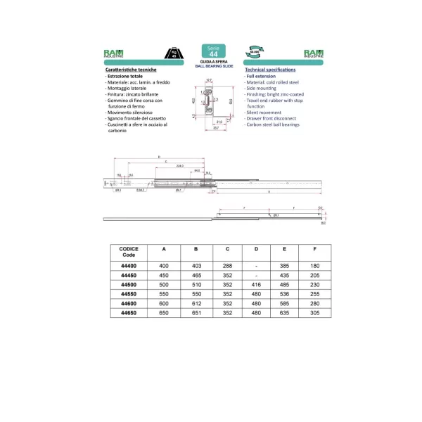 Ram Industrie GUIDE PER CASSETTI A SFERA ESTRAZIONE TOTALE STANDARD 650 MM SERIE 44 - KG 45 - Art. 44650
