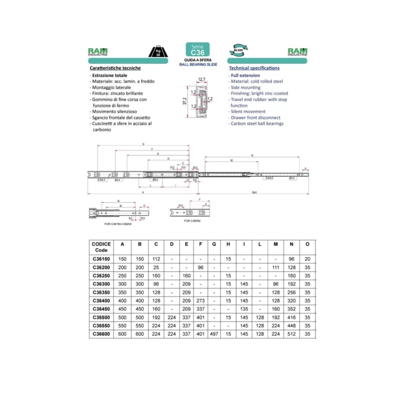 Ram Industrie GUIDE PER CASSETTI A SFERA ESTRAZIONE TOTALE STANDARD 150 MM SERIE C36 - 30 KG  - Art. C36150