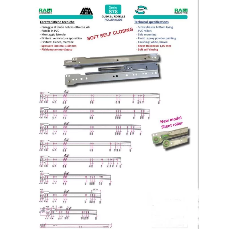 Ram Industrie GUIDE PER CASSETTI SU ROTELLE AMMORTIZZATE SOFT ESTRAZIONE PARZIALE MARRONE 450 MM SERIE S78 - 25 KG - Art. S78450