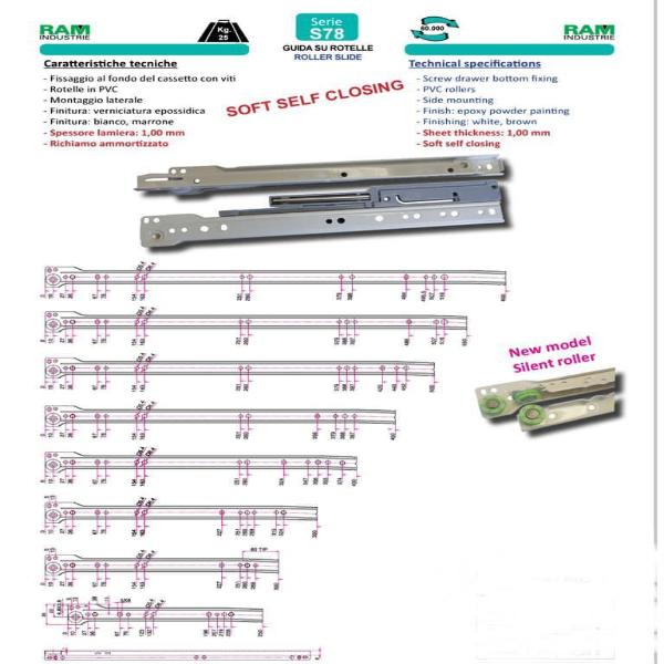 Ram Industrie GUIDE PER CASSETTI SU ROTELLE AMMORTIZZATE SOFT ESTRAZIONE PARZIALE MARRONE 500 MM SERIE S78 - 25 KG - Art. S78500
