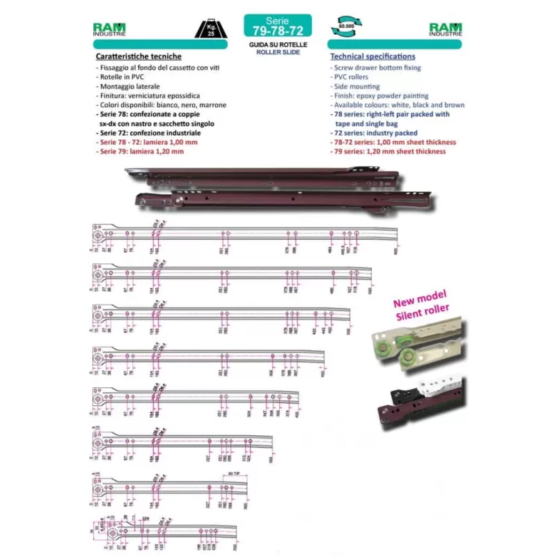 Ram Industrie GUIDE PER CASSETTI SU ROTELLE ESTRAZIONE PARZIALE BIANCA 400 MM SERIE 79- 25 KG - Art. 79400B