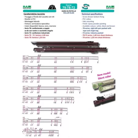 Ram Industrie GUIDE PER CASSETTI SU ROTELLE ESTRAZIONE PARZIALE BIANCA 600 MM SERIE 79 - 25 KG - guide ram, guide per cassetto,  2