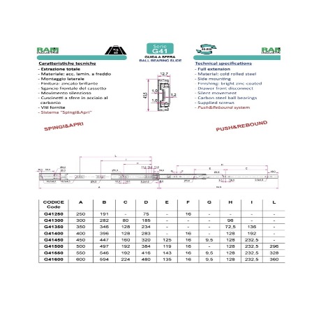 Ram Industrie GUIDE PER CASSETTI A SFERA ESTRAZIONE TOTALE SPINGI E APRI 450 MM SERIE G41 - 40 KG - Art. G41450
guide ram, guid 2