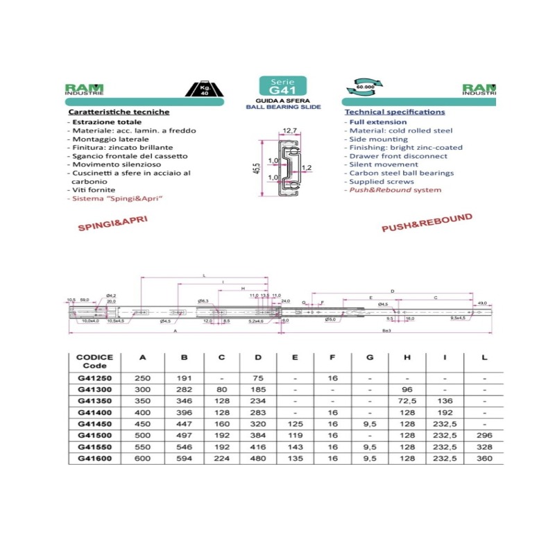 Ram Industrie GUIDE PER CASSETTI A SFERA ESTRAZIONE TOTALE SPINGI E APRI 450 MM SERIE G41 - 45 KG