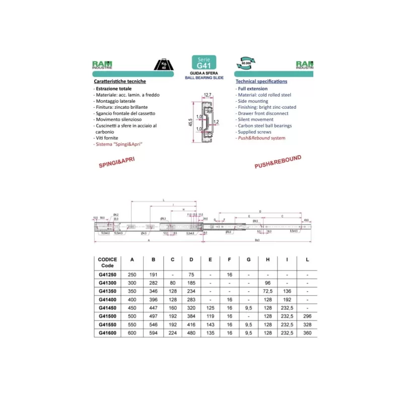 Ram Industrie GUIDE PER CASSETTI A SFERA ESTRAZIONE TOTALE SPINGI E APRI 500 MM SERIE G41 - 45 KG