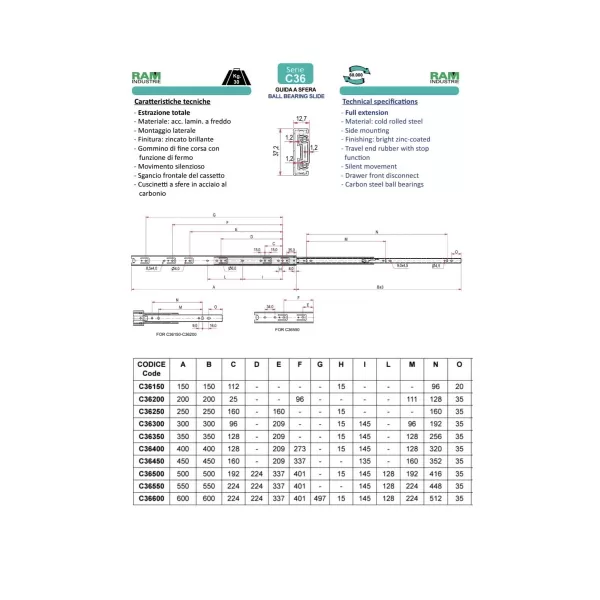 Ram Industrie GUIDE PER CASSETTI A SFERA ESTRAZIONE TOTALE STANDARD 500 MM SERIE C36 - 30 KG - Art. C36500