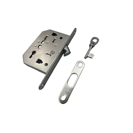 SERRATURA PER PORTE SCORREVOLI A GANCIO CON CHIAVE SNODATA, ENTRATA 50MM,BORDO TONDO 16 MM CROMO SATINATA