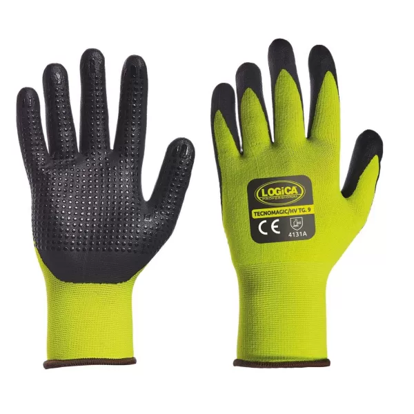  GUANTI DA LAVORO GIALLO FLUO NITRILE NERO CON DORSO AERATO TAGLIA 10 LOGICA - Art. TECNOMAGIC/HV-10