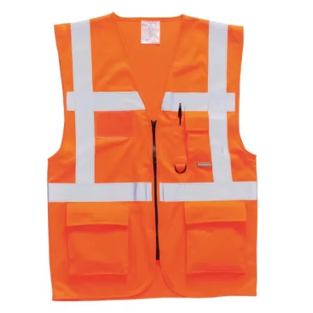 GILET ALTA VISIBILITA' ARANCIO IN POLIESTERE MULTITASCHE CON BANDE TAGLIA L Art.POCKETHWAR-L