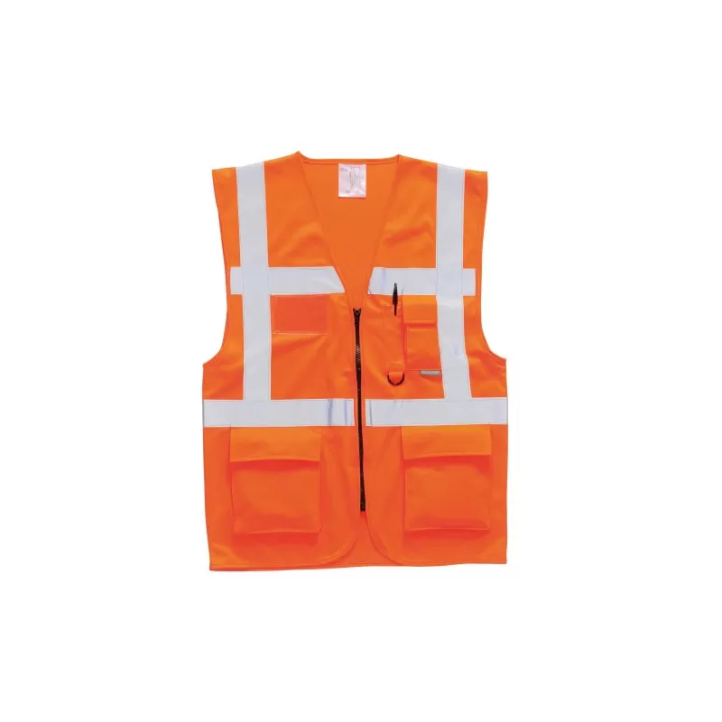 GILET ALTA VISIBILITA' ARANCIO IN POLIESTERE MULTITASCHE CON BANDE TAGLIA L Art.POCKETHWAR-L