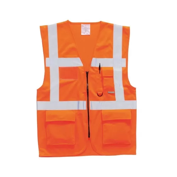 GILET ALTA VISIBILITA' ARANCIO IN POLIESTERE MULTITASCHE CON BANDE TAGLIA L Art.POCKETHWAR-L
