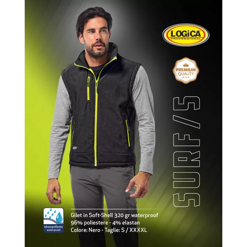 Logica Professional GILET DA LAVORO SOFT-SHELL NERO/GIALLO TAGLIA L - Art. SURF/5-L