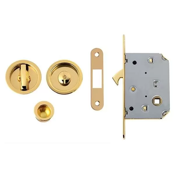 KIT PER PORTE PORTE SCORREVOLI CON SERRATURA E NICCHIA TONDA OTTONATA Art.COMIT/K101N05T01S04-1C
Kit tondo con nottolino + tagl