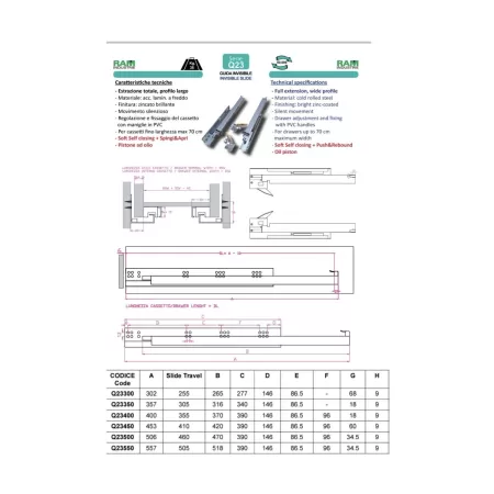 Ram Industrie GUIDE PER CASSETTI INVISIBILI ESTRAZIONE TOTALE SPINGI E APRI 300 MM SERIE Q23- 35 KG guide ram, guide per cassett 2