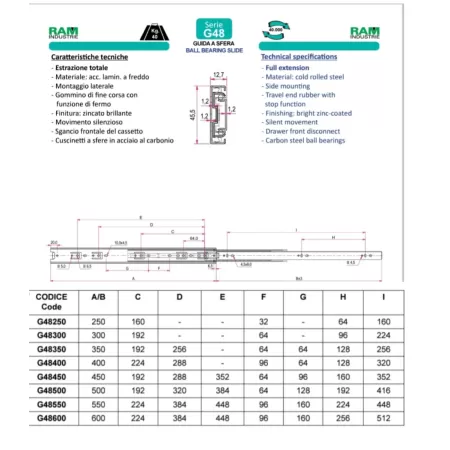 Ram Industrie GUIDE PER CASSETTI A SFERA ESTRAZIONE TOTALE STANDARD 500 MM SERIE G48 – 40 KG - Art. G48500
G48 - GUIDA A SFERA  2