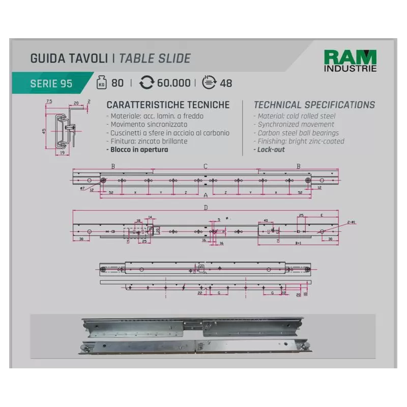 Ram Industrie GUIDA PER TAVOLI SERIE 95 LUNGHEZZA 1150 MM PORTATA 80 KG - Art. 951150
GUIDA TAVOLI RAM SERIE 95
TABLE SLIDE RA