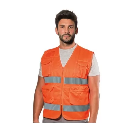  GILET ALTA VISIBILITA' ARANCIO IN POLIESTERE MULTITASCHE CON BANDE TAGLIA 2XL - Art. POCKETHWAR-2XL
