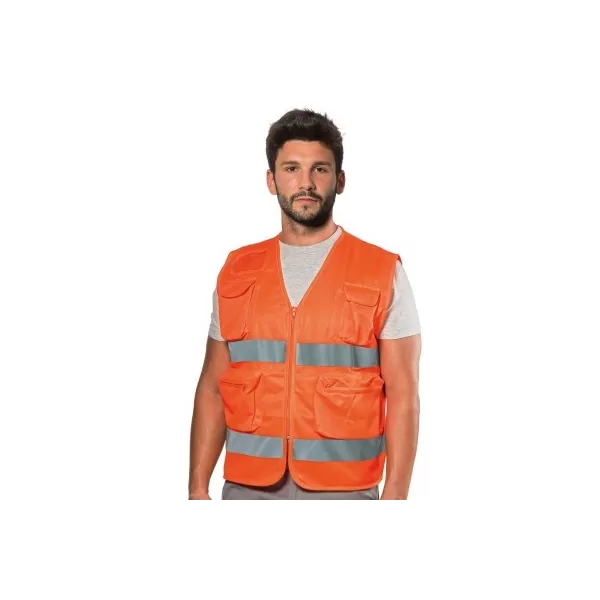  GILET ALTA VISIBILITA' ARANCIO IN POLIESTERE MULTITASCHE CON BANDE TAGLIA 2XL - Art. POCKETHWAR-2XL