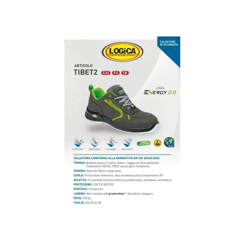 LOGICA SCARPE ANTINFORTUNISTICHE BASSE GRIGIE IN PELLE NABUK IDROREPELLENTE S3S FO SR ESD NUMERO 44