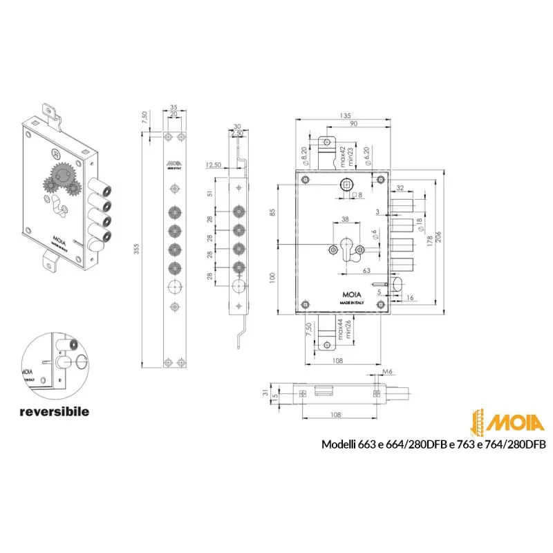 Moia SERRATURA PER PORTA BLINDATA AD INCASSO PROFILO EUROPEO ENTRATA 63 MM PASSO CHIAVISTELLI 28 MM REVERSIBILE