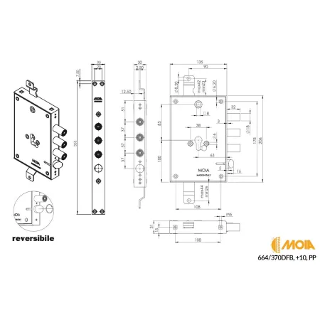 Moia SERRATURA PER PORTA BLINDATA AD INCASSO PROFILO EUROPEO INTERASSE 63 MM PASSO CHIAVISTELLI 37 MM REVERSIBILE- Art. 664/370D 2