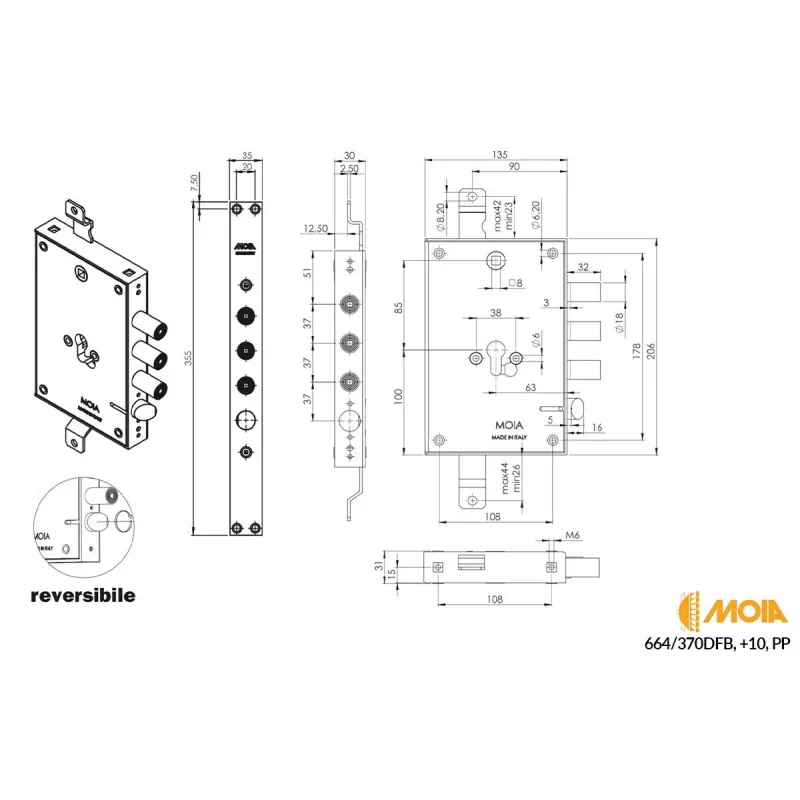Moia SERRATURA PER PORTA BLINDATA AD INCASSO PROFILO EUROPEO ENTRATA 63 MM PASSO CHIAVISTELLI 37 MM REVERSIBILE
