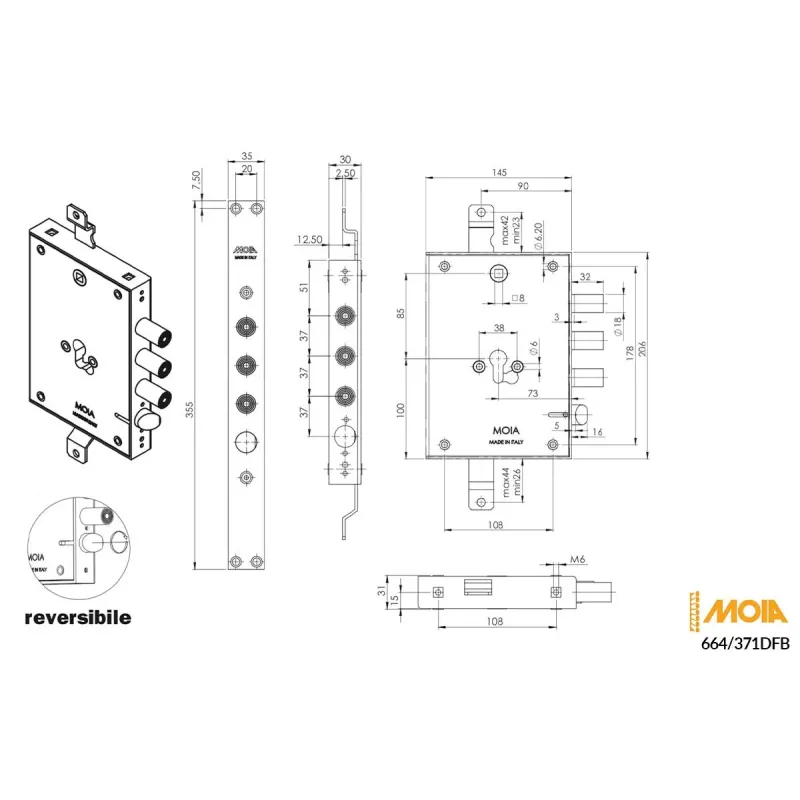 Moia SERRATURA PER PORTA BLINDATA AD INCASSO PROFILO EUROPEO ENTRATA 73 MM PASSO CHIAVISTELLI 37 MM REVERSIBILE