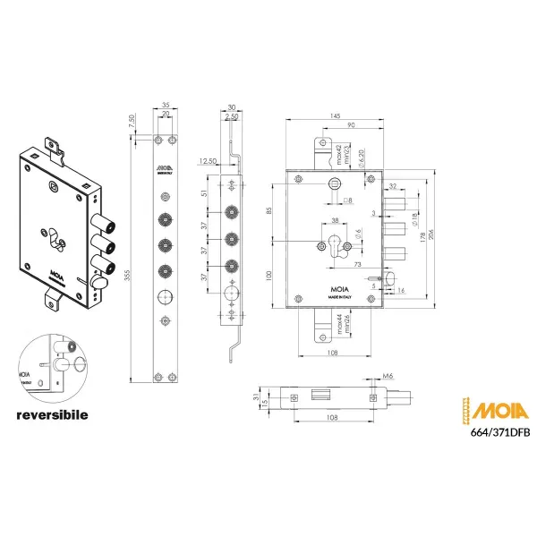 Moia SERRATURA PER PORTA BLINDATA AD INCASSO PROFILO EUROPEO ENTRATA 73 MM PASSO CHIAVISTELLI 37 MM REVERSIBILE
