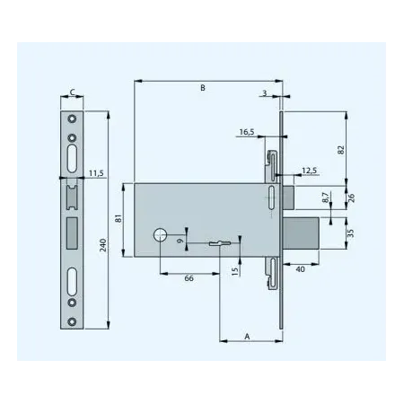 SERRATURA FEB DOPPIA MAPPA PER FASCE DA INFILARE ENTRATA 70 MM INTERASSE MANIGLIA 66 MM FRONTALINO 28 MM 2