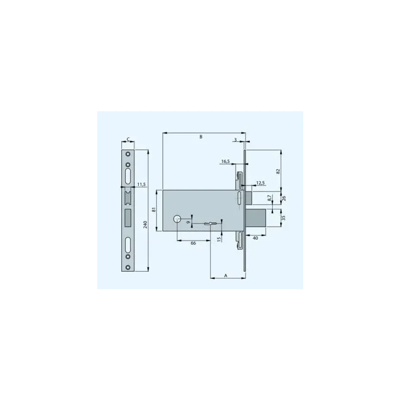 SERRATURA FEB DOPPIA MAPPA PER FASCE DA INFILARE ENTRATA 70 MM INTERASSE MANIGLIA 66 MM FRONTALINO 28 MM