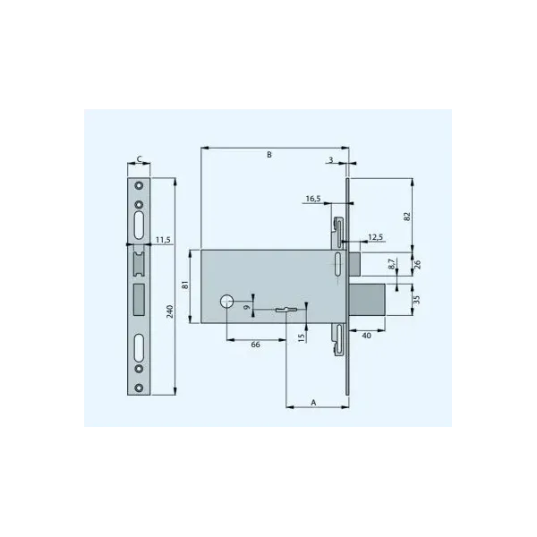SERRATURA FEB DOPPIA MAPPA PER FASCE DA INFILARE ENTRATA 70 MM INTERASSE MANIGLIA 66 MM FRONTALINO 28 MM
