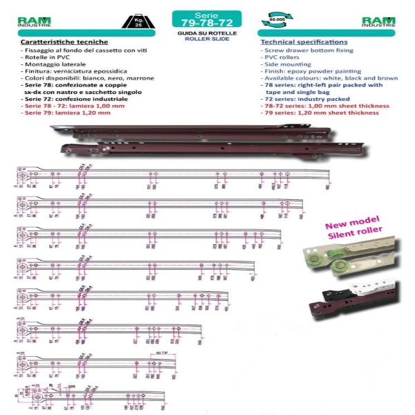 Ram Industrie GUIDE PER CASSETTI SU ROTELLE ESTRAZIONE PARZIALE MARRONE 600 MM SERIE 79 - KG 25 - Art. 79600M