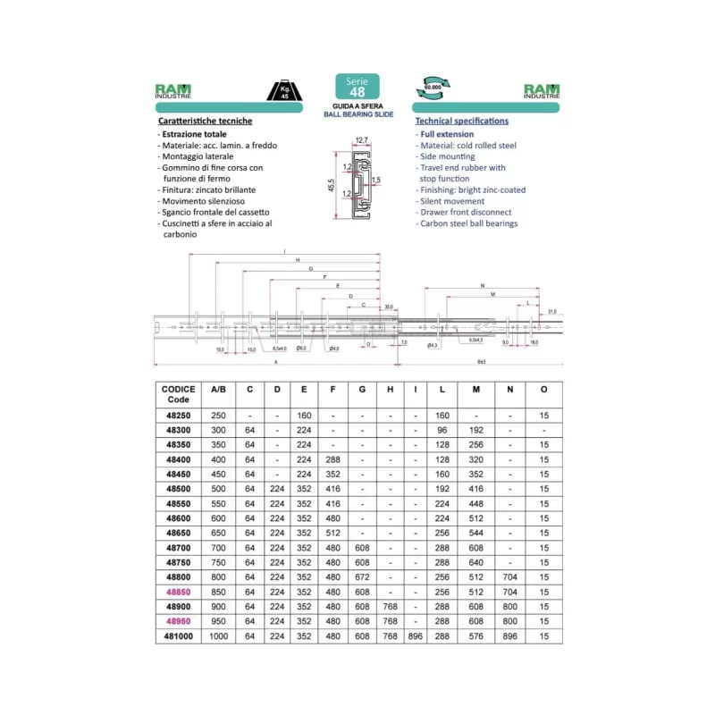 Ram Industrie GUIDE PER CASSETTI A SFERA ESTRAZIONE TOTALE STANDARD 700 MM SERIE 48 - 45 KG