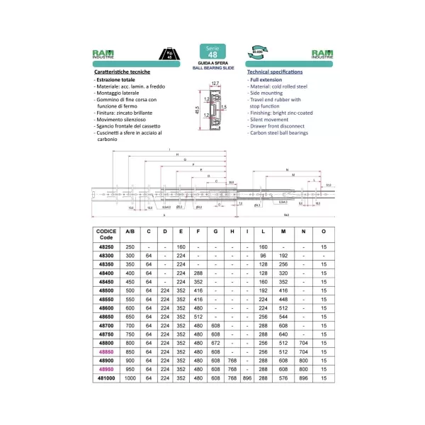 Ram Industrie GUIDE PER CASSETTI A SFERA ESTRAZIONE TOTALE STANDARD 700 MM SERIE 48 - 45 KG